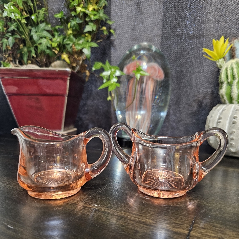 Vintage Pink Depression Glass Cut Floral Sugar & Creamer Set